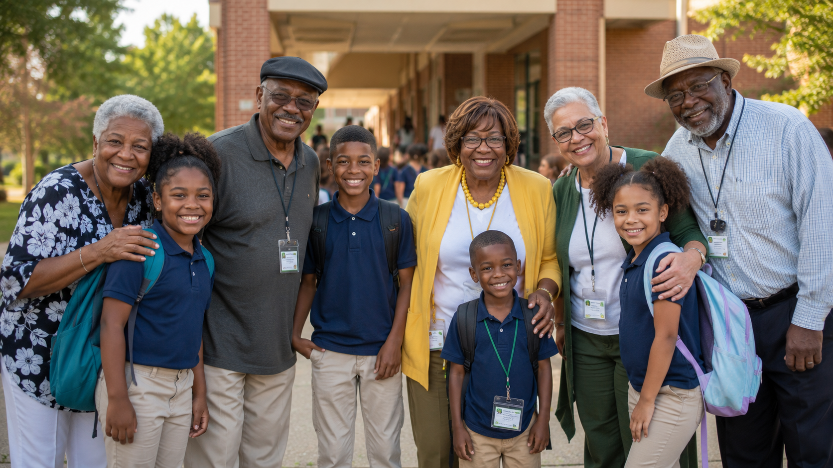 Older adult volunteers and students gathered outside a school.