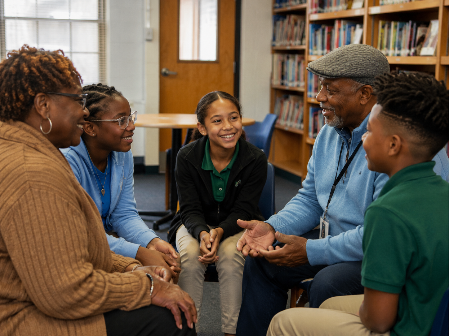 Older adult volunteers and students having a group conversation in a school library