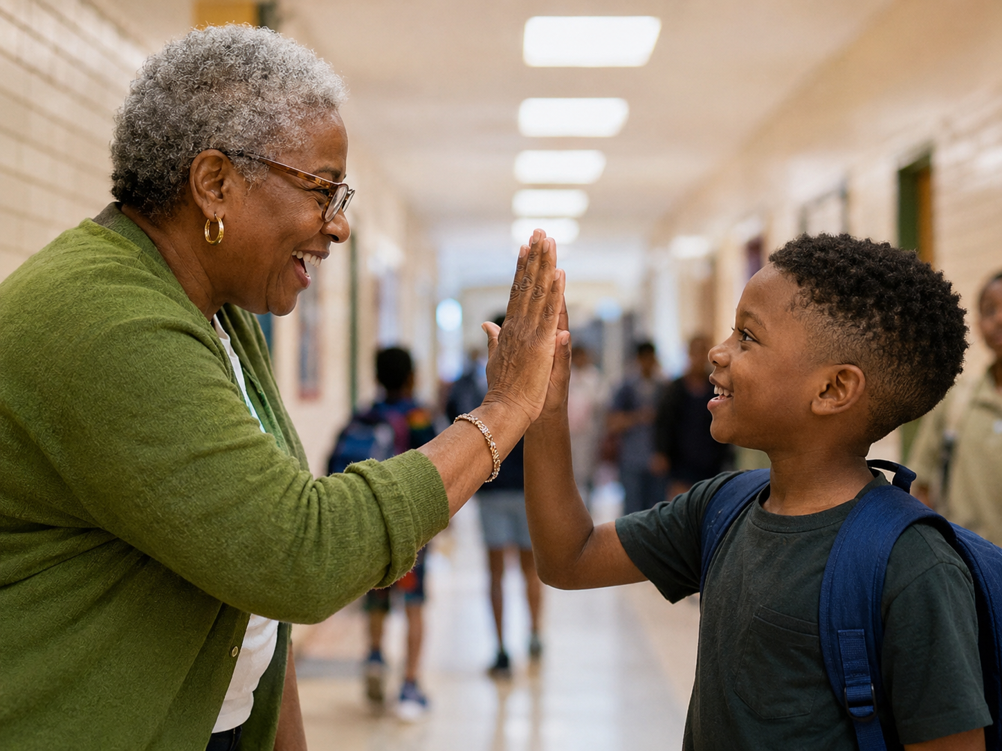 Older adult volunteer giving a student an encouraging high-five in a school hallway